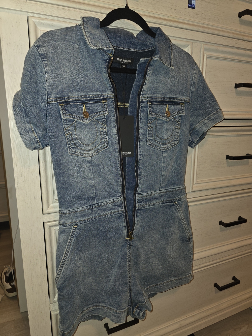 NWT True Religion Zip Denim Romper Light Wash Size M